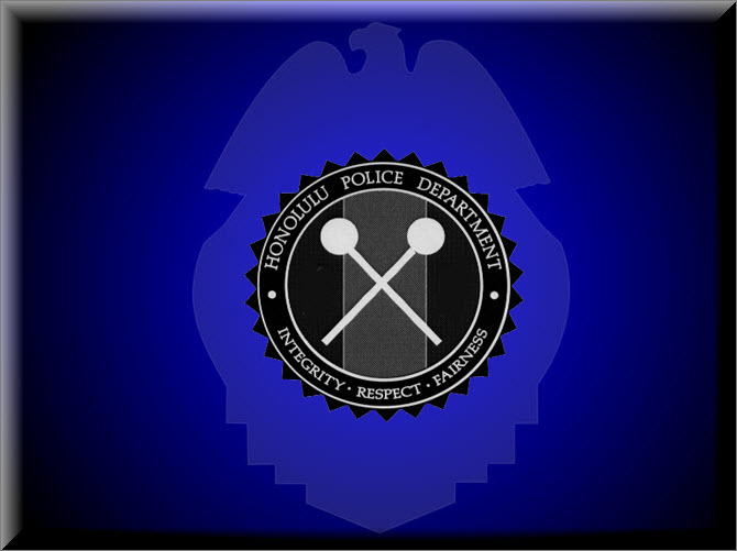 No photo available of Constable Kaaulana.  Photo of a blue HPD badge including a crest with Kapu Sticks on it