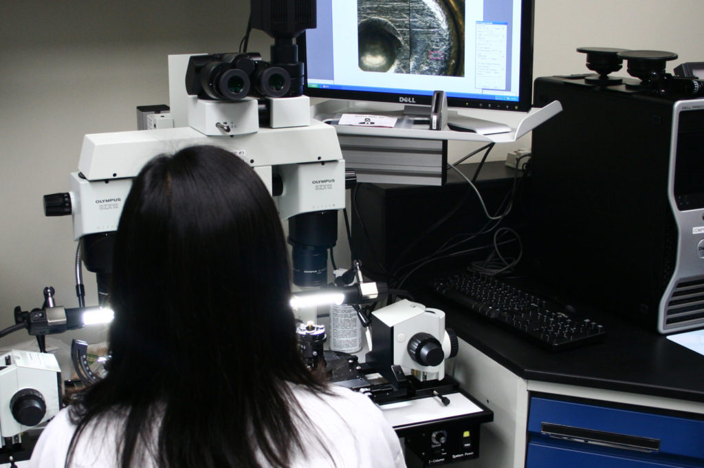 Photo of a scientist on an electronic microscope