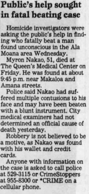 News article regarding the homicide of 51-year-old Myron K. Nakao