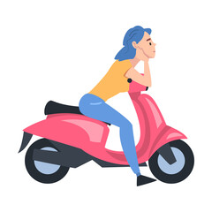Person on a parked moped elbows leaning on handle bar