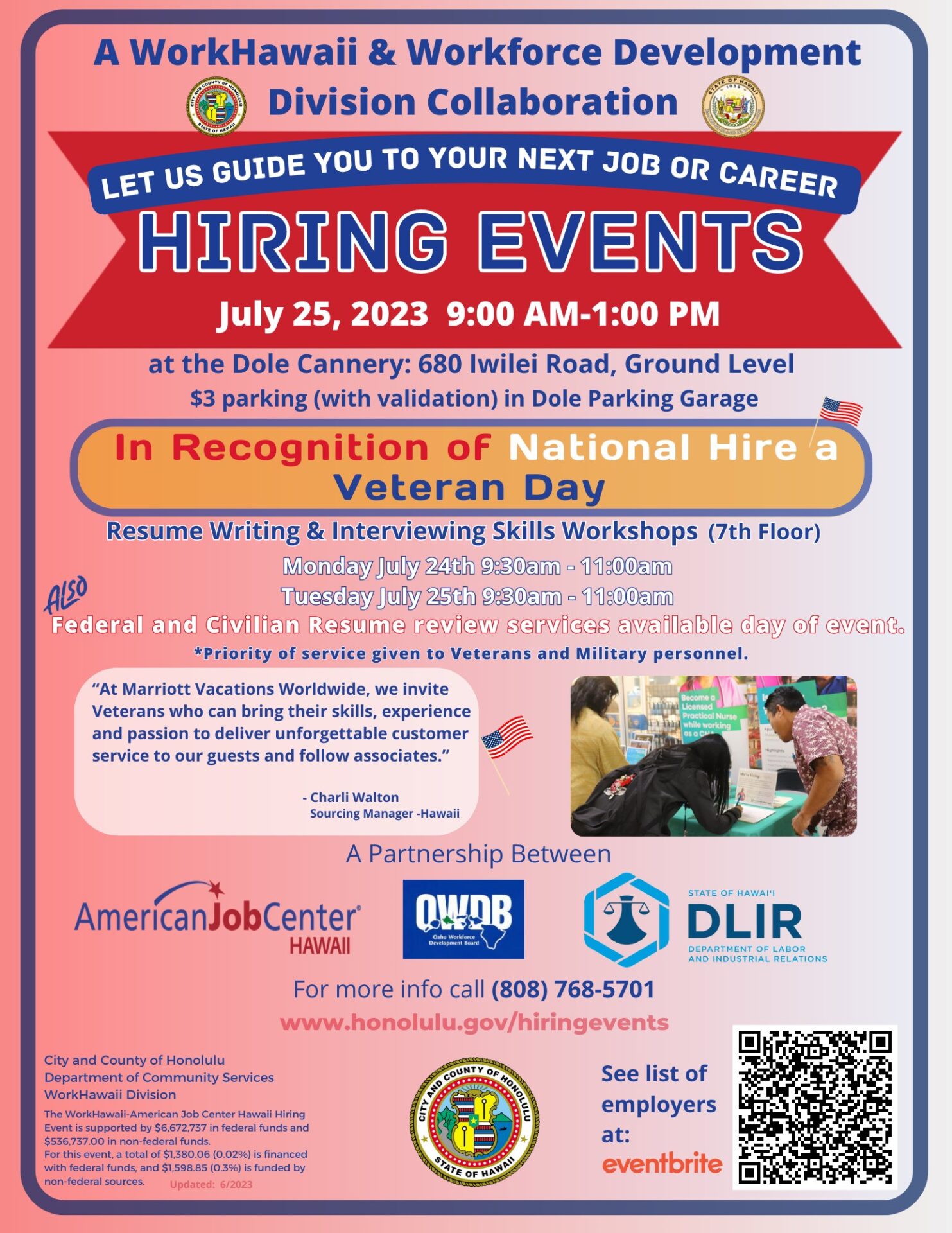 Flyer announcement for a hiring event taking place on July 25, 2023