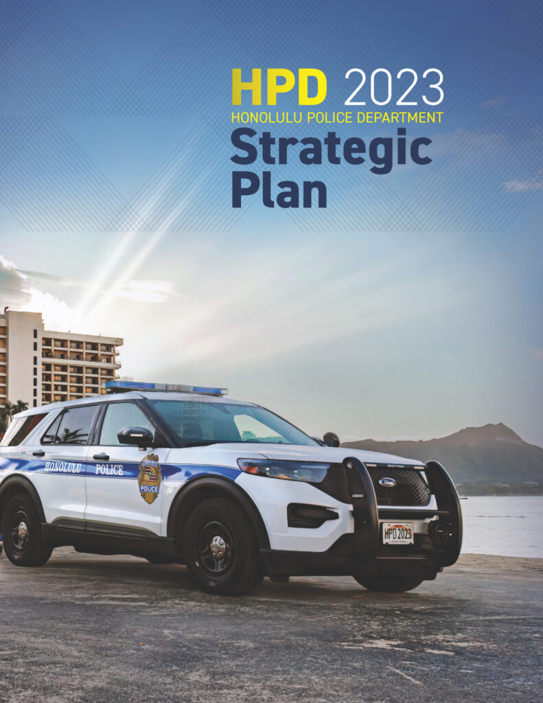 Cover of the HPD's 2023 Strategic Plan. The image is of a police-marked sport utility vehicle parked with Diamond Head and a building in the background.