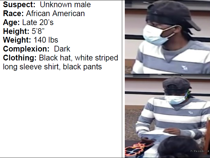 CrimeStoppers News Release Robbery Suspect Wanted. Image of an unknown male, African American, Late 20's, 5'8", 140 lbs, dark complexion, wearing a black hat, white striped long sleeve shirt, and black pants.