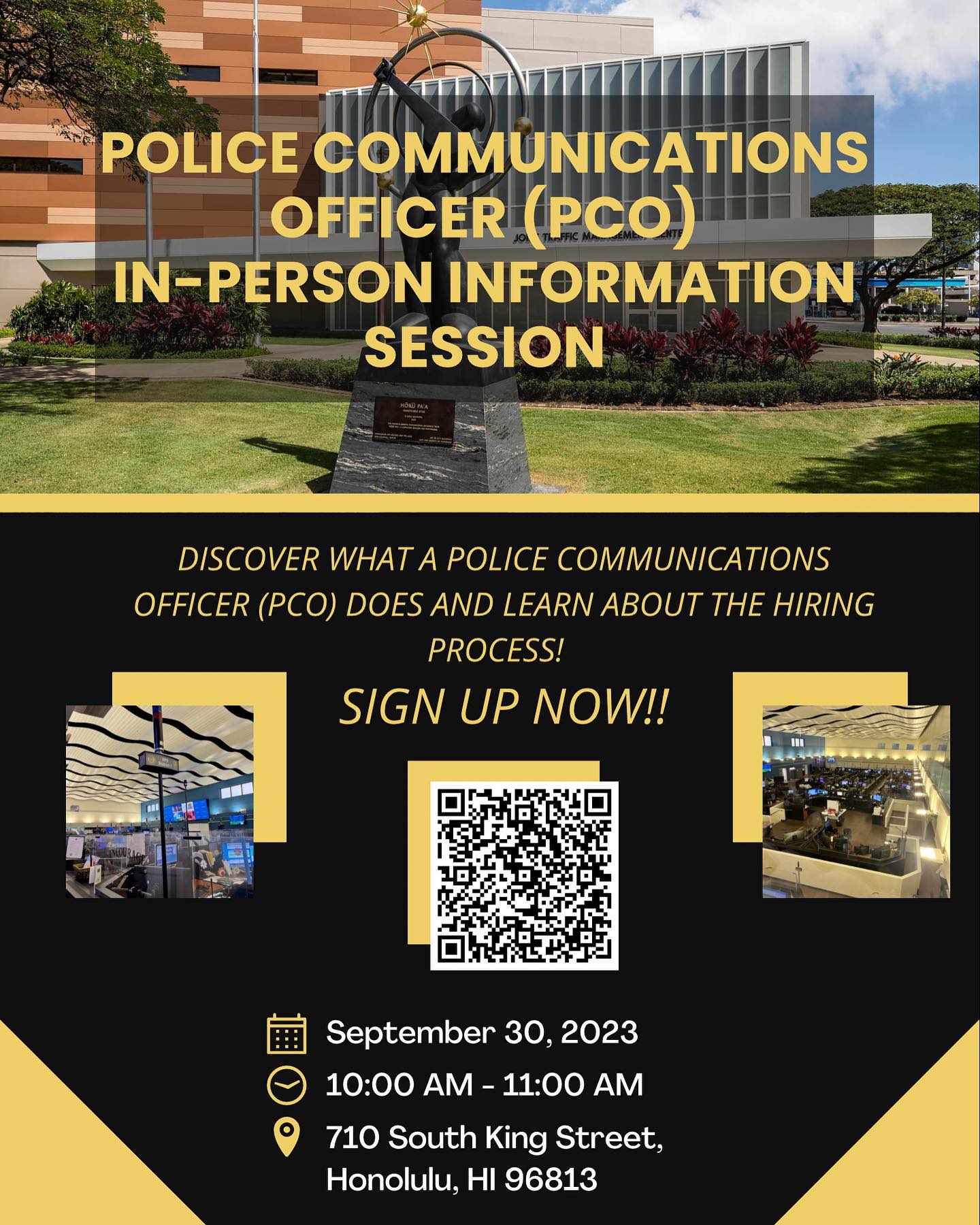 Flyer for an upcoming Police Communications Officer Information Session (In Person)