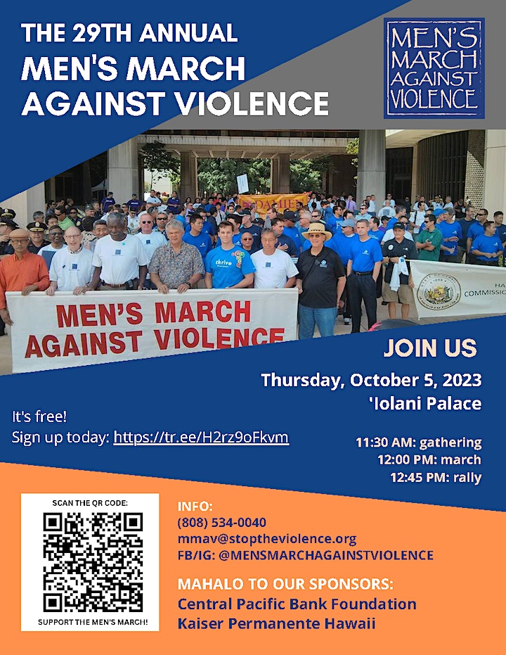 Flyer: The 29th Annual Men's March Against Violence is coming up on Thursday, October 5th. This year's theme is: "Men Are Allies."