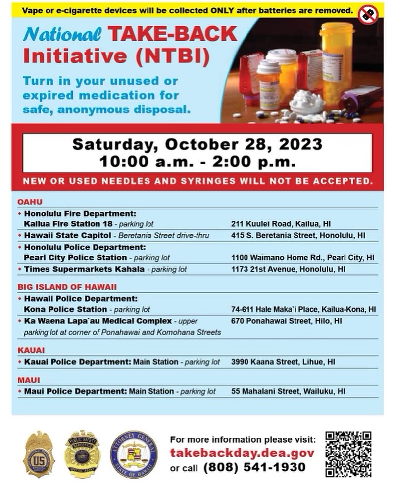 The National Take-Back initiative is held twice a year to encourage and ensure the proper disposal of any unused prescription drugs. Members of the public may turn in unused, unneeded, or expired prescription medications between 10 a.m. and 2 p.m. on October 28th for safe and anonymous disposal.