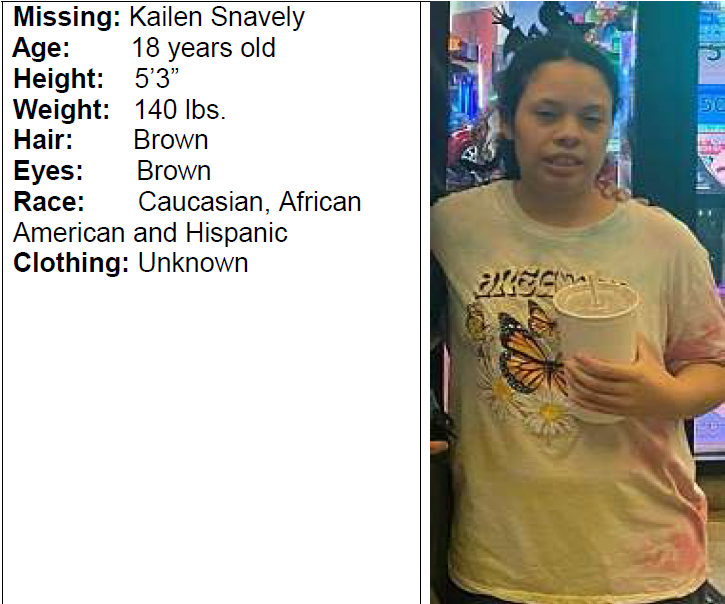 CrimeStoppers New Release for a Missing 18-year-old named Kailen Snavley. Includes a photo of the individual.