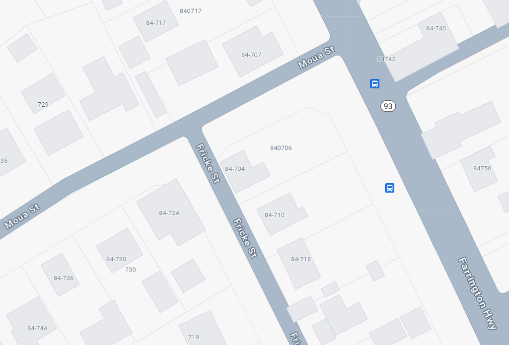 Google maps image depicting the area of of Moua Street and Fricke Street