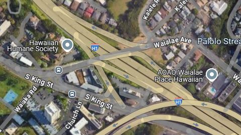 Google map of the H1 Freeway westbound Old Waialae off-ramp