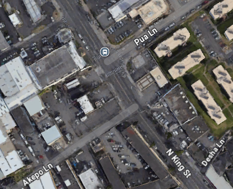 Google maps image depicting the area of North King Street and Pua Lane