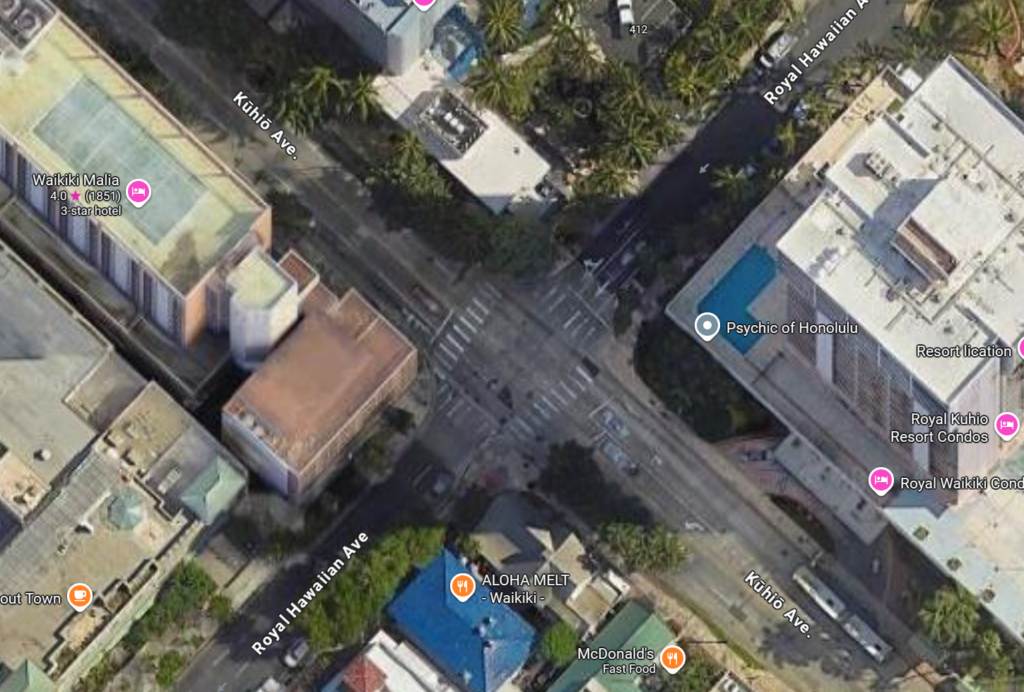 Kuhio Avenue eastbound, 20 feet east of Royal Hawaiian Avenue