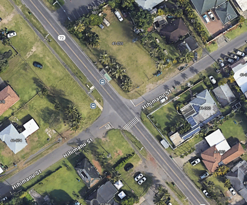 Google Maps image depicting the intersection of Kalanianaole Highway and Hihimanu Street