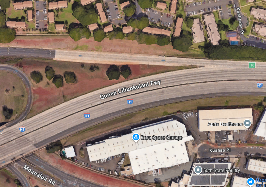 Google Maps Image depicting the area of the H-1 Freeway (Queen Liliuokalani Freeway) near exit 10 (Waimanu exit)