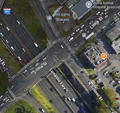 Google maps image depicting the area of Liliha Street and the Liliha Street on ramp to the H-1 Freeway east.