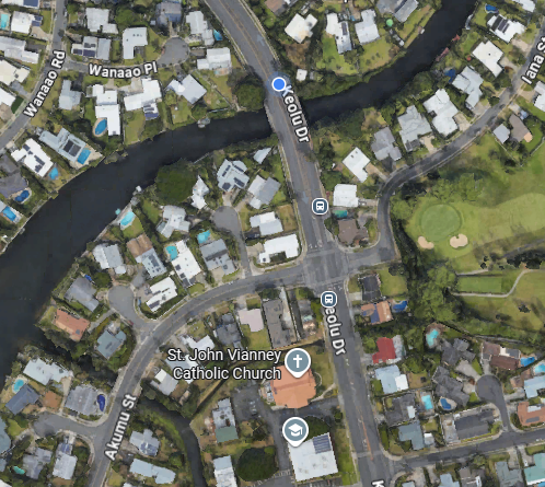 Google Maps image that depicts the area of Keolu Drive and Akumu Street