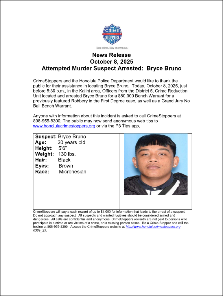 CrimeStoppers: Attempted Murder Suspect Arrested: Bryce Bruno 
