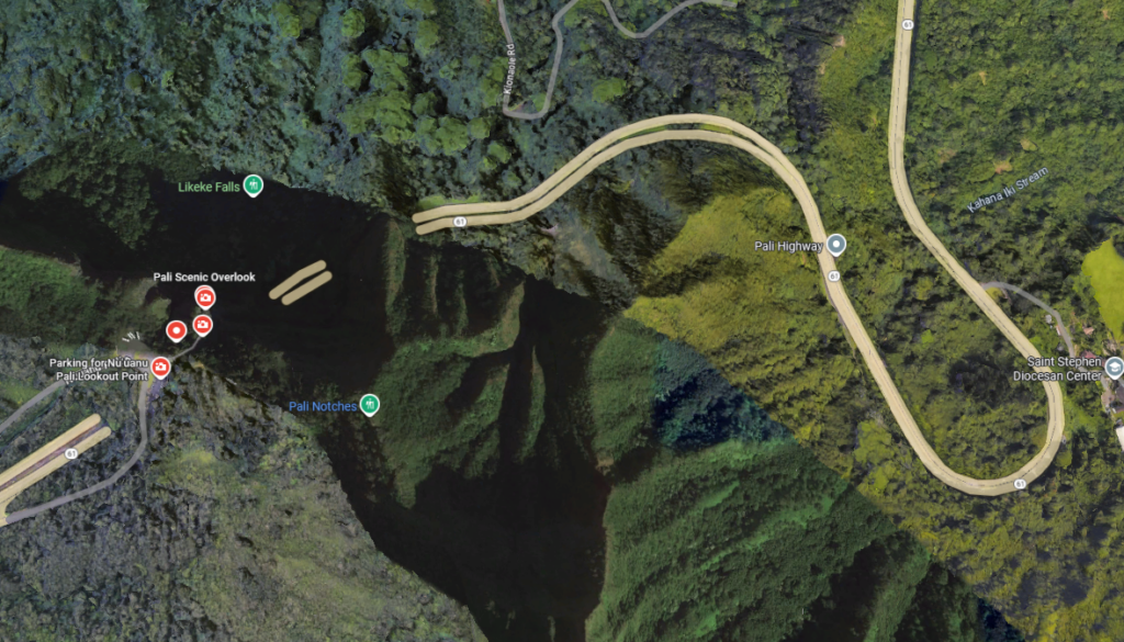 Google Maps Image of Pali Highway, near the Nuu'anu Pali Tunnels.