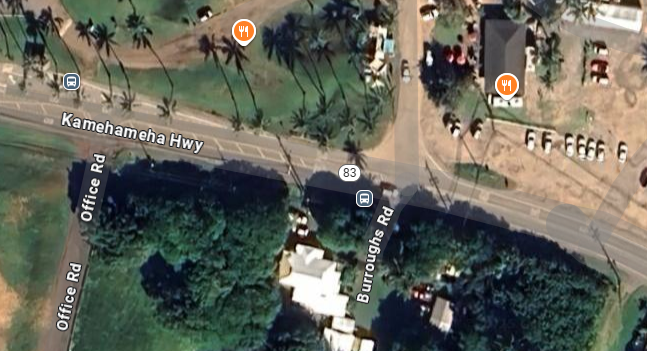 Google Map image depicting the area of Kamehameha Highway and Burroughs Road