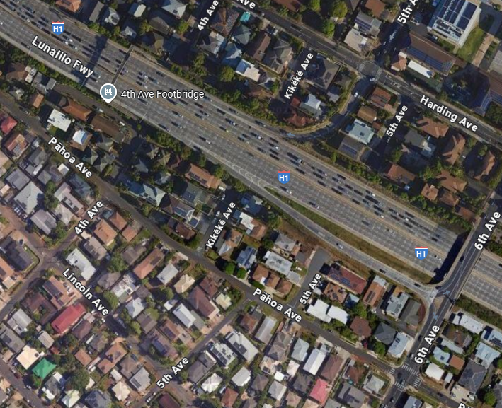 Google Maps depicting the area of H1 E Freeway and 6th Avenue Off-Ramp