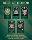 Roll of Honor Graphic to recognize the officers who were killed in the line of duty in the month of January throughout the HPD history. There are five images to represent each of the five officers killed: Constable Kaaulana, Officer Frank R. Medeiros, Officer Garret C. Davis, Officer Tiffany-Victoria B. Enriquez, and Officer Kaulike S.G. Kalama.