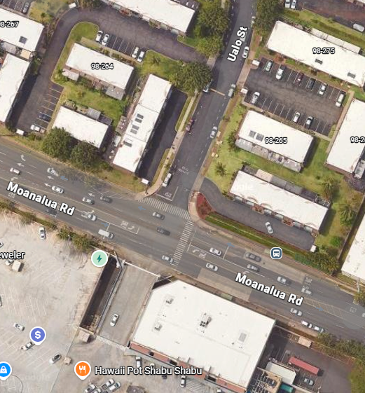 Google Maps image depicting the area of Moanalua Road and Ualo Street
