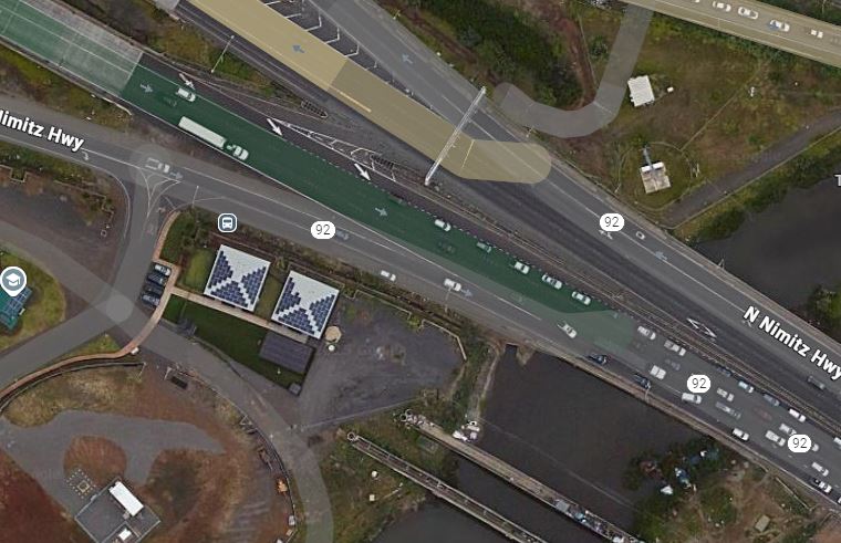 Google map of Nimitz Hwy. and H1 merger