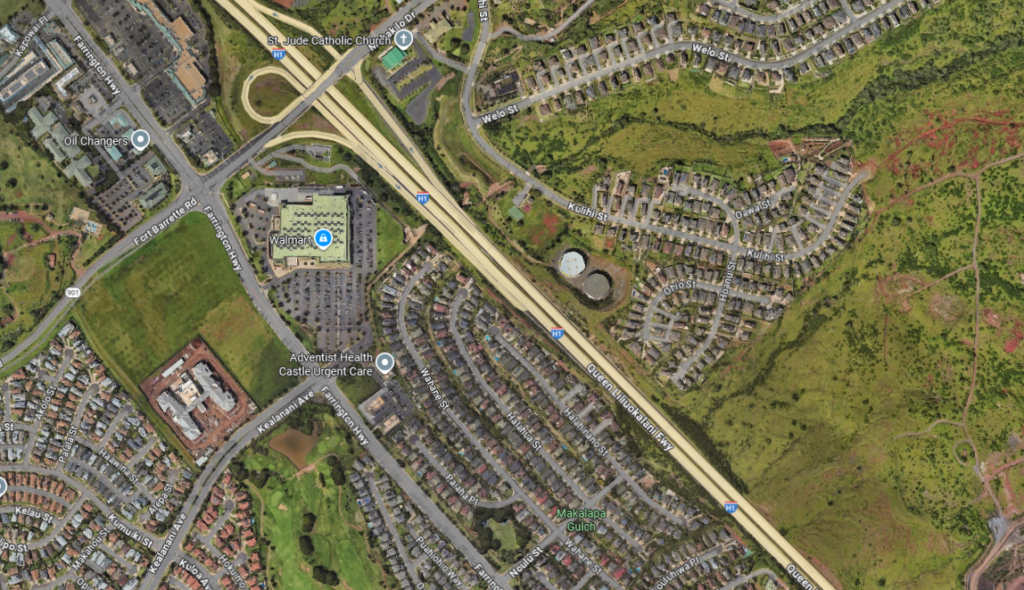 Google Maps image of the H-1 Freeway, east of the Makakilo Off Ramp.