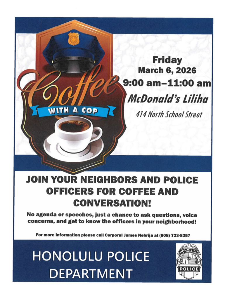 Flyer announcing a Honolulu Police Department District 5 Coffee with a Cop event on March 6 from 9am to 11am at McDonald's, 414 North School St, Honolulu.