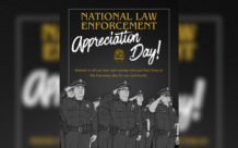 Graphic designed to celebrate National Law Enforcement Appreciation Day. The image is of a group of officers in full uniform with their right arms and hands in a salute position.