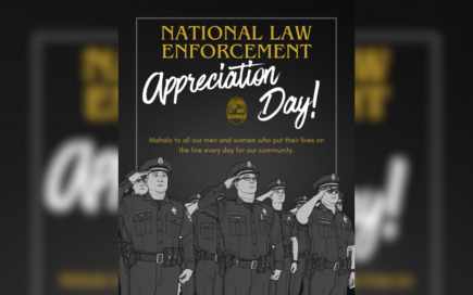 Graphic designed to celebrate National Law Enforcement Appreciation Day. The image is of a group of officers in full uniform with their right arms and hands in a salute position.