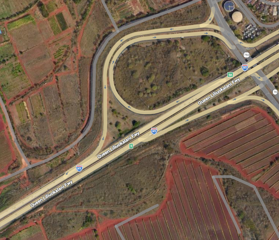 Google Maps depicting the area of H1 West Freeway and Kunia on-ramp