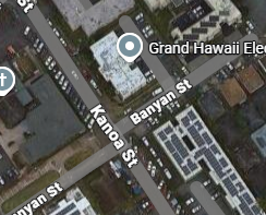 Google Maps depicting the area of Kanoa Street and Banyan Street