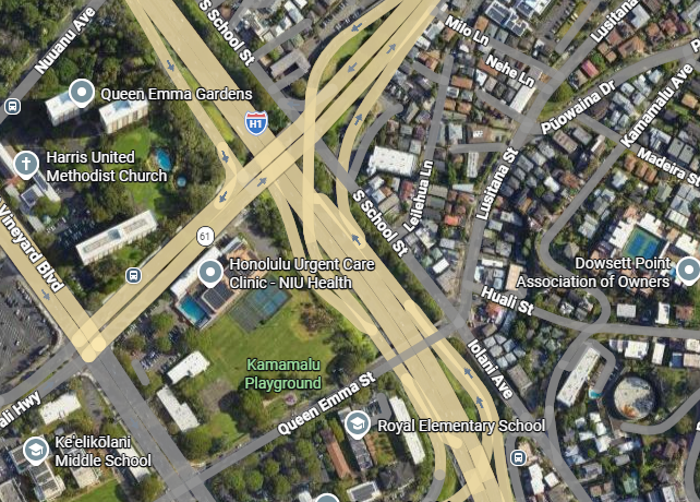 Google Maps depicting the area of the H1 Freeway west and Queen Emma Street overpass