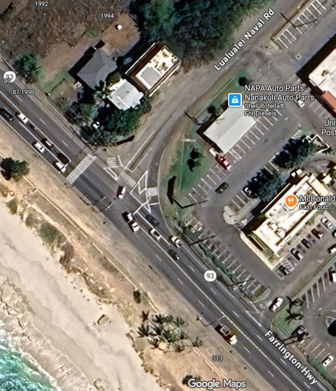 Google maps image that depicts the area of Farrington Highway and Lualualei Naval Road.