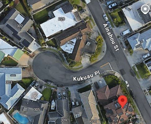 Google maps image that depicts the area of Kukuau Place and Ainahou Street