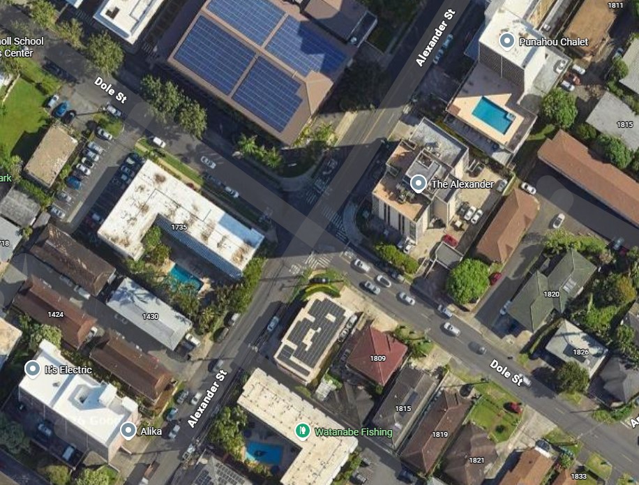 Google Map image of the intersection of Alexander Street and Dole Street.