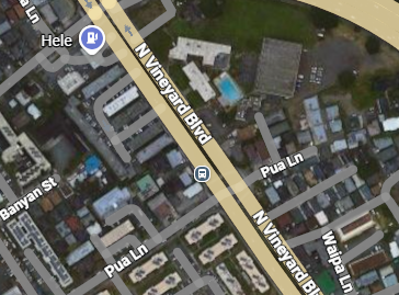 Google maps depicting the area of N. Vineyard Boulevard and Pua Lane