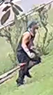 Unknown male suspect wearing a cap captured on surveillance camera after hopping a fence
