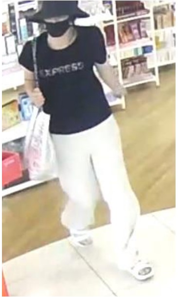 Unknown female suspect carrying an insulated thermal tote bag captured on surveillance camera
