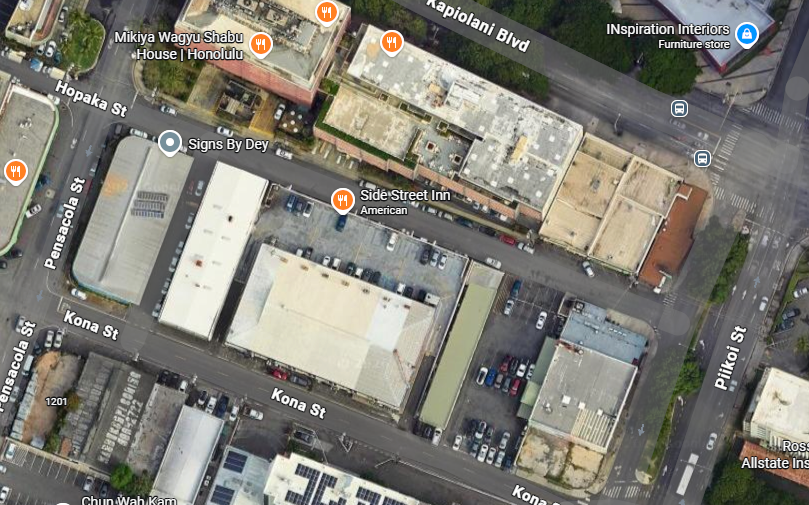 Google Maps depicting the area of Hopaka Street and Piikoi Street