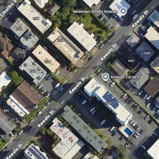 Google Maps depicting the area of Kewalo Street and Wilder Avenue