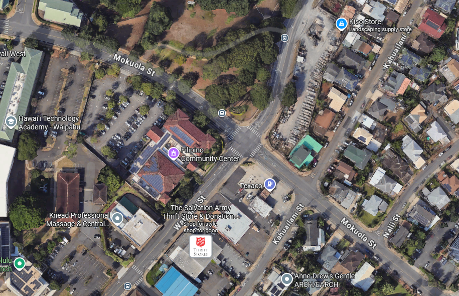 Google Maps image of the Mokuola Street and Waipahu Street intersection.