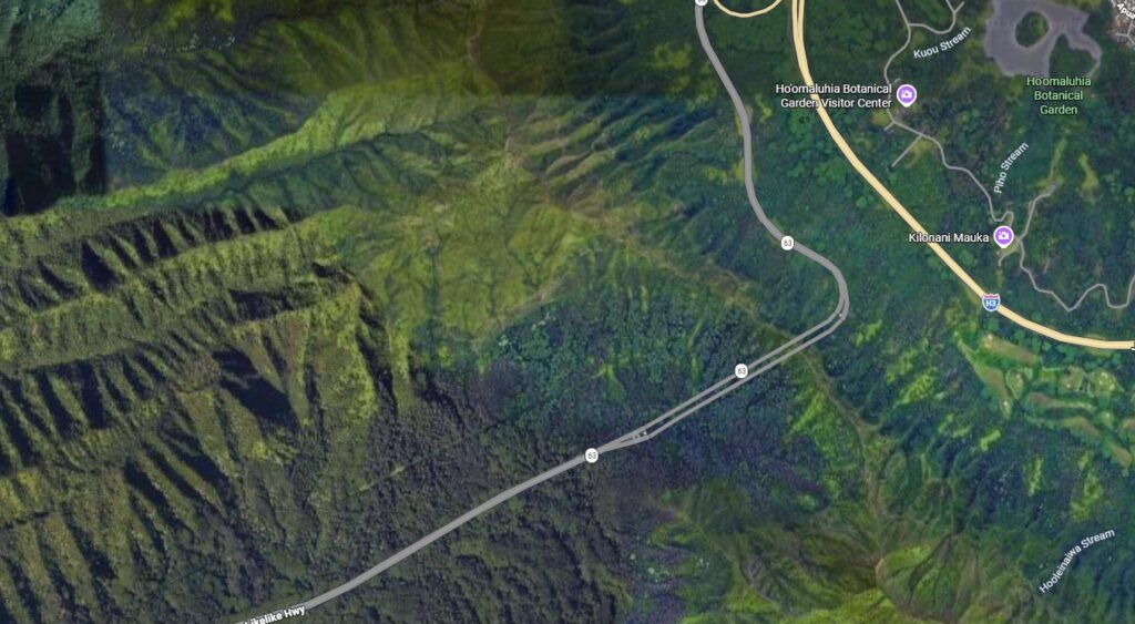 Google Map image of Likelike Highway, 1.8 miles southwest of Kahekili Highway