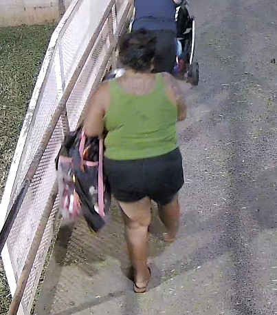 Unknown female with extensive tattoos across upper chest and right arm shown on surveillance video