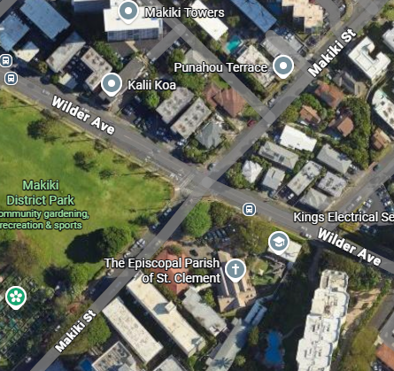Google Maps depicting the area of Wilder Avenue and Makiki Street