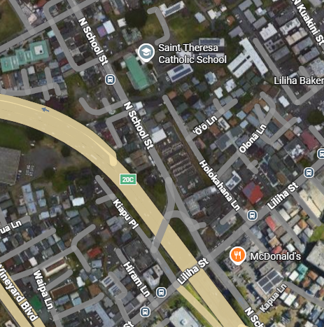 Google Maps depicting the area of North School Street and Liliha Street