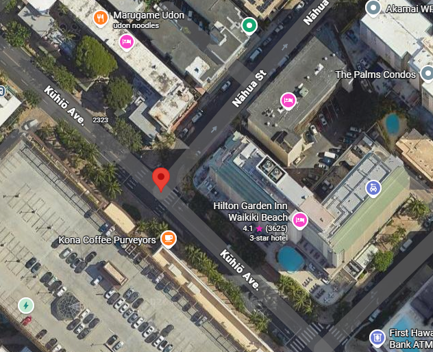 Google Maps depicting the area of Kuhio Avenue and Nahua Street
