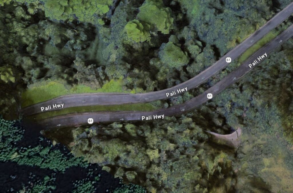 Google Maps image that depicts the Pali Highway, north of the Pali Tunnels
