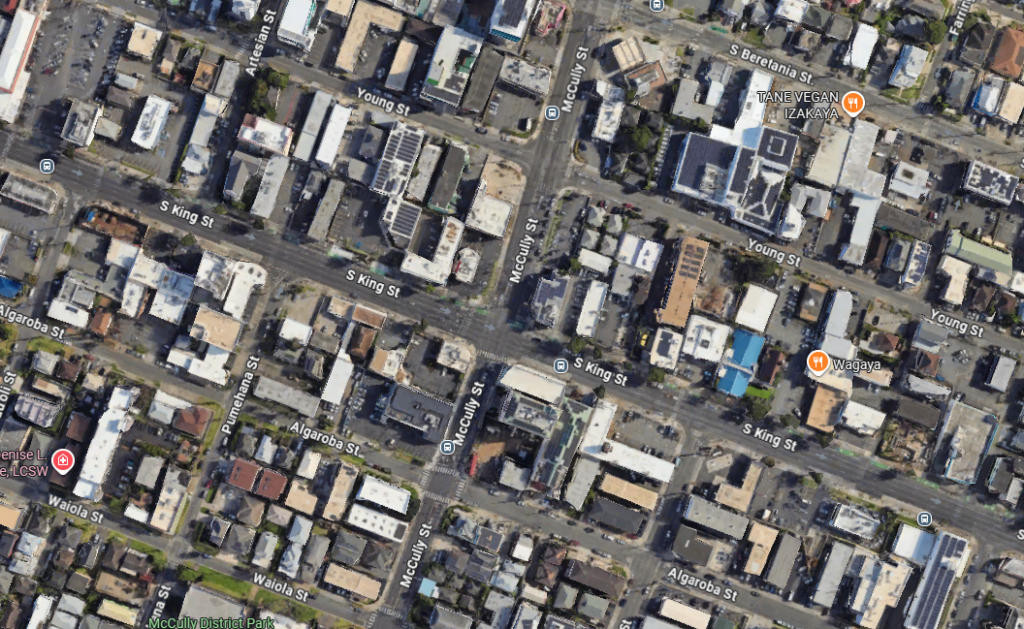 Google Maps image of the South King Street and McCully Street intersection.