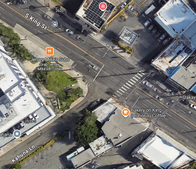 Google maps image that depicts the intersection area of South King Street and Kahuna Lane
